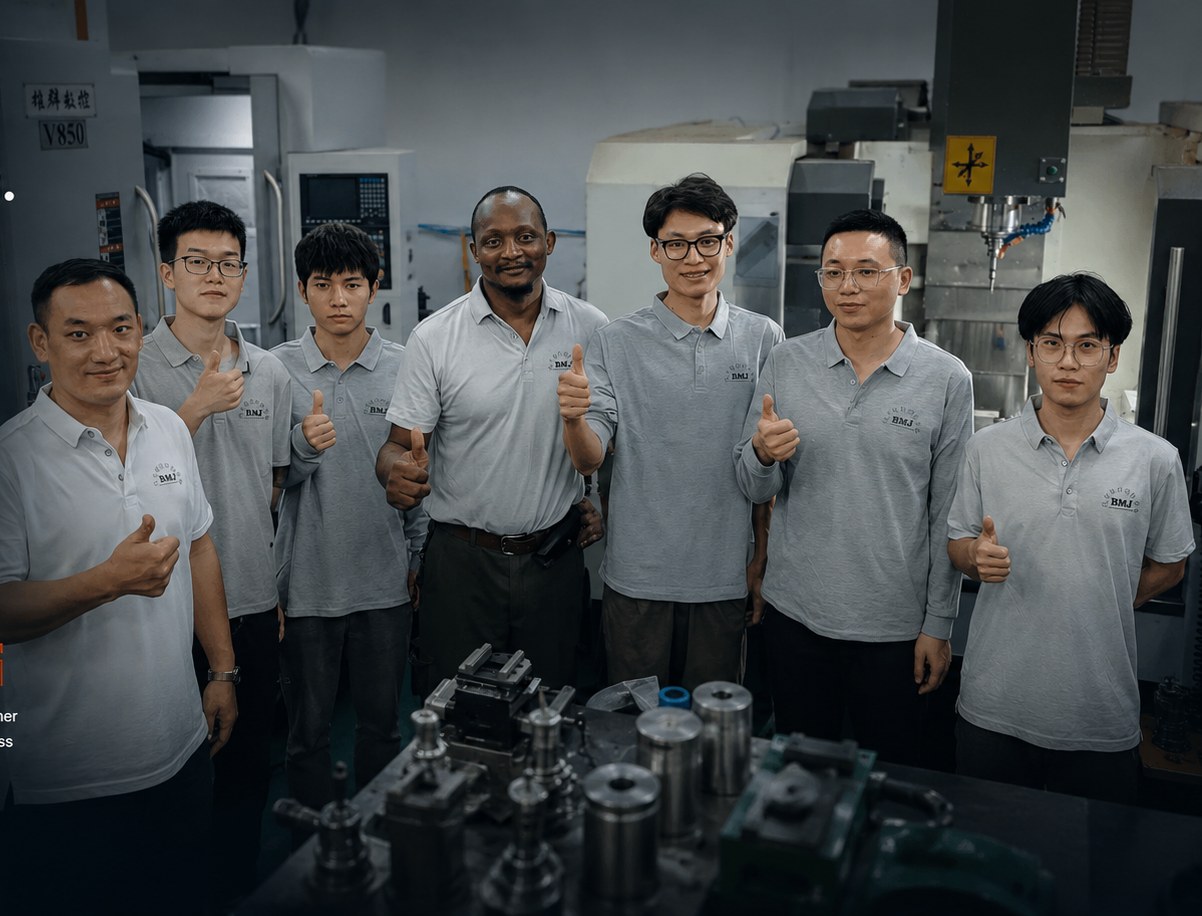 Eric Mu (center) with the BMJ Group engineering team in the workshop